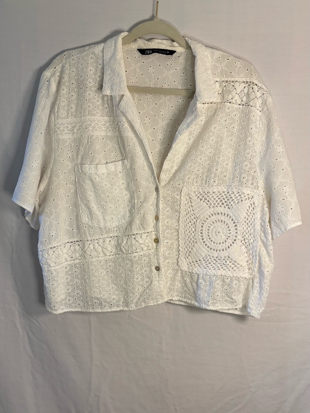 Zara White Eyelet Crochet Pocket Button-Down Top